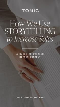 a woman reading a book with the title how we use story telling to increase sales