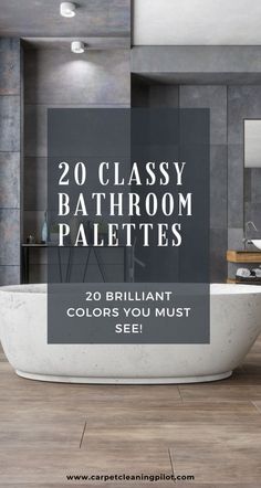 a bathtub with the words 20 classy bathroom palettes in front of it