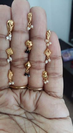 New Model Gold Bangles Designs, Kids Earrings Gold Indian, Nallapusalu Earrings, Baby Earrings Gold Indian, Ear Studs Indian Gold, Gold Kammalu, Kammalu Designs, Black Beads Ear Rings Gold