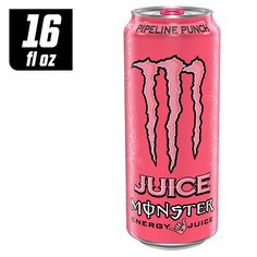 a can of juice that is pink and has the monster logo on it's side