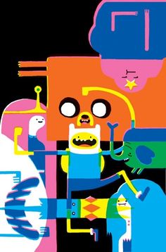 an advertisement for the adventure time movie, with cartoon characters in colorful colors and black background