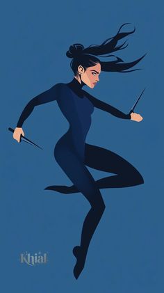 a drawing of a woman in a wetsuit holding a pair of scissors and running