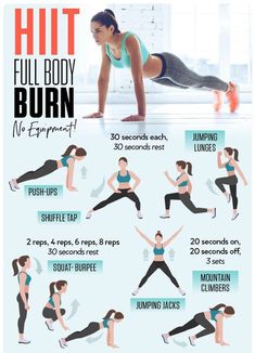 a woman doing the full body burn workout with her arms and legs in different positions