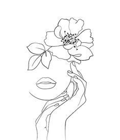 a line drawing of a woman's face holding a flower in her left hand