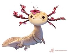 a cartoon lizard with pink flowers on its head and arms, sitting in front of a white background