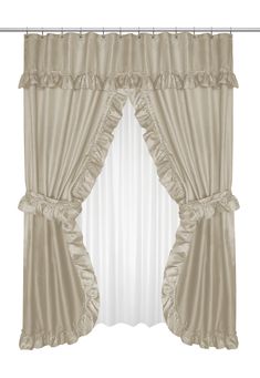 a curtain with ruffles on the top and bottom, hanging in front of a white background