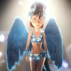 a cartoon character dressed in blue with angel wings