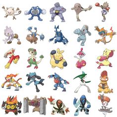 the pokemon characters are all different sizes and colors