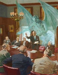 a painting of a man giving a speech to other people at a conference room table