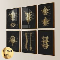 four gold foil prints with black background