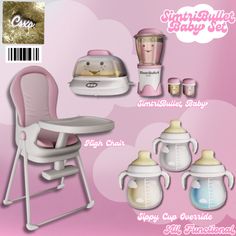 the baby high chair is next to other items