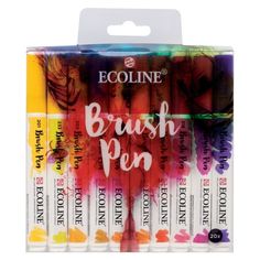 ecoline brush pen assorted colors in display box with white writing on the front