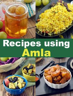 there are pictures of food and drinks on the table with words reading recipes using amla