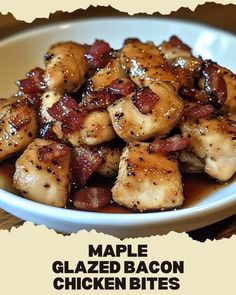 a white bowl filled with cooked bacon on top of a wooden table next to a sign that says maple glazed bacon bites