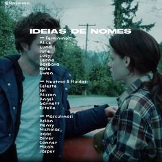 a man and woman standing next to each other in front of a car with the words idias de nomes written on it