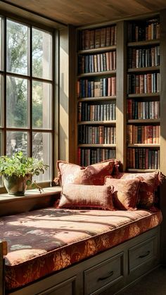 a window seat with bookshelves in front of it and a potted plant