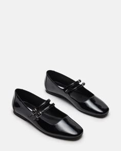 ALISAH Black Patent Mary Jane Flat | Women's Flats – Steve Madden Steve Madden Mary Janes, Flat Shoes Women Classy, Collage Cutouts, Summer Work Wardrobe, Black Mary Janes, Summer Wishlist, Bday Wishlist, Steve Madden Flats