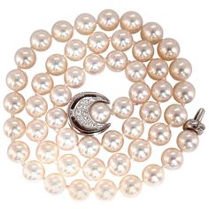 GIA Certified, Akoya Classic The Natural Pinctada Fucata (Akoya Pearl Oyster) 53 Count Report: 2171155470 Saltwater White & slight, slight pink overtone 7.48 - 7.90mm 18kt. white gold crescent moon clasp .50ct natural diamonds G-color Vs-2 clarity. 39.6 grams total weight 18 Inches $11000 Appraisal Certificate will accompany. Pearl Oyster, Natural Necklace, Diy Bangle Bracelets, Akoya Pearl Necklace, Leather Jewelry Diy, Yellow Diamonds, Pearl And Diamond Necklace, Accesories Jewelry, Fancy Yellow Diamond