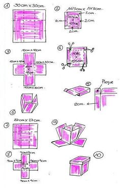 the instructions for how to make an origami box with pink paint on it