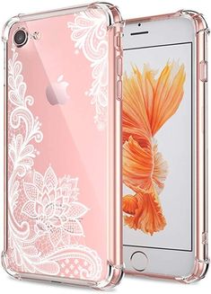 an iphone case that is pink with white lace and flowers on the front, side view