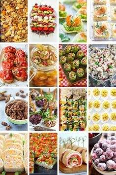 the collage shows many different types of food and desserts, including sandwiches, salads, appetizers