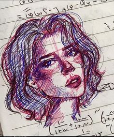 a drawing of a woman's face on top of a piece of lined paper