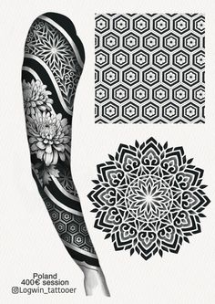 an arm tattoo with flowers and hexagons on it, the design is done in