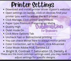 a purple background with the words printer settings