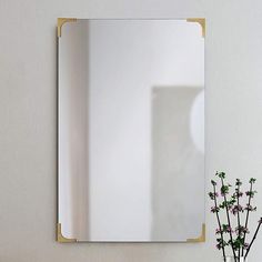 a mirror on the wall next to a vase with flowers in it and a plant