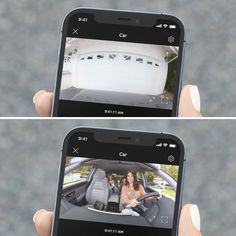 two screens show the inside of a car