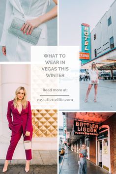 a collage of photos with the words what to wear in vegas this winter