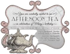 an afternoon tea party card with a silver teapot and pink trimmings on it