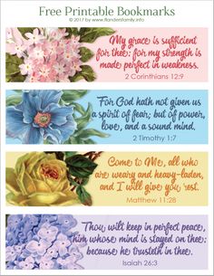 four different bible verses with flowers and the words, free printable booksmarks