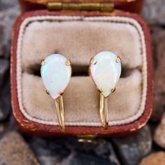 These simple and charming earrings feature two pear cut opal cabochons in four prong settings. They are crafted in 14k yellow gold and finished with screw backs for non-pierced ears. I Love Jewelry, February Birth Stone, Amethyst Ring, Pear Cut, Pierced Ears, High Quality Jewelry, Estate Jewelry, Clip On, Prong Setting