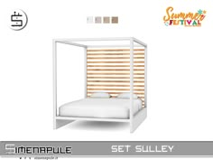 a white bed with wooden slatted headboard and foot board