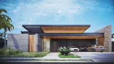 an artist's rendering of a modern house with two cars parked in the driveway