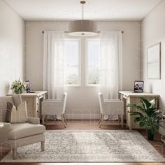 a living room filled with furniture and a large window covered in white drapes next to a potted plant