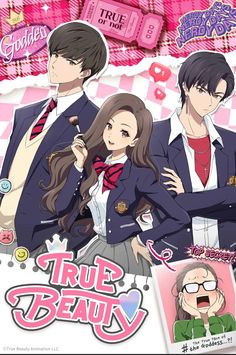 the poster for true beauty shows two young people in school uniforms, one with long hair and