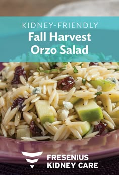 a purple plate topped with orzo salad on top of a blue and white table cloth