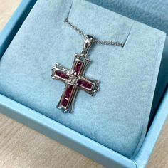 0.39Ct Natural Ruby Cross Pendant 14K White Gold, Princess Cut Ruby Birthstone Cross Pendant Necklace, Religious Pendant Ruby Birthstone, Colorless Diamond, Ruby Gemstone, Cross Pendant Necklace, Natural Ruby, Princess Cut