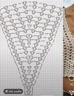 the crochet pattern is being used to make an intricate triangle motif on a woman's neck