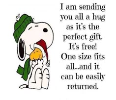 a cartoon character with a green hat and scarf on his head, saying i am sending you all a hug as it's the perfect gift it's free one size fits all and it can be easily can be easily returned