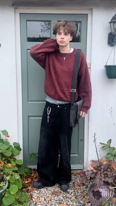 Maroon Crewneck Outfit Men, House Party Men Outfit, Zip Up Turtle Neck Outfit, Masc Winter Clothes, Dark Red Shirt Outfit Men, Indie Male Outfit, Winter Guy Outfits, Indie Male Fashion, Nerdy Boy Outfits