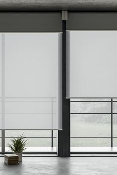 an empty room with white blinds and a potted plant