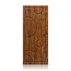 a wooden door with an abstract design on the front and side panel, in dark wood