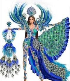 a woman dressed in blue and green with peacock feathers