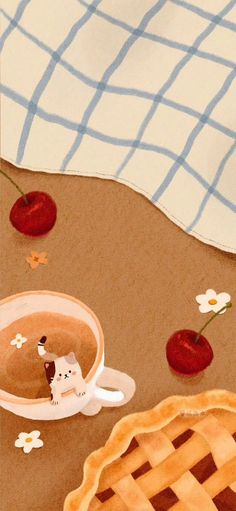 a painting of a cup of coffee and some cherries on the table next to an apple pie