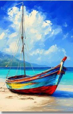 a painting of a boat on the beach