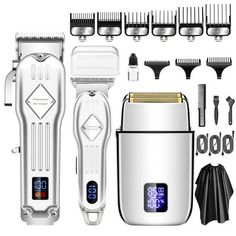 This versatile, professional hair clipper kit offers a multifunctional design with T-shaped blades for precise trimming, outlining, and fading. Powered by a high-torque, silent 4-speed motor, it efficiently handles thick, wet hair and various hairstyles. The ergonomic design features a digital display for monitoring battery life and lubrication, and a 2500 mAh battery provides up to 5 hours of use after 180 minutes of charging. The comprehensive accessory kit includes 8 guide combs, a barber clo Mens Beard Grooming, Shaving Hair, Mens Grooming Kit, Electric Shaver Men, Beard Trimmer, Best Gifts For Him, Electric Hair Clippers, Electric Razor, Car Kit