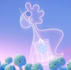 a group of little green people standing next to each other in front of a blue sky